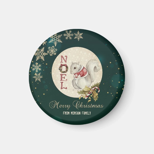 Vintage Christmas Squirrel, Snowflakes Magnet (Front)