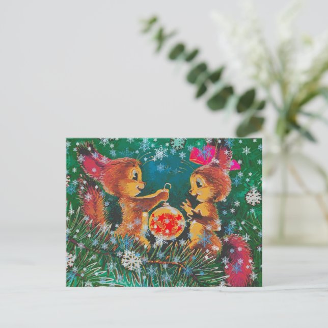 Vintage Christmas Squirrels  Holiday Postcard (Standing Front)