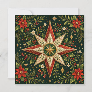 Vintage Christmas Star Ornament Poinsettia Holly Card