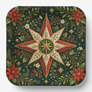 Vintage Christmas Star Ornament Poinsettia Holly Paper Plate