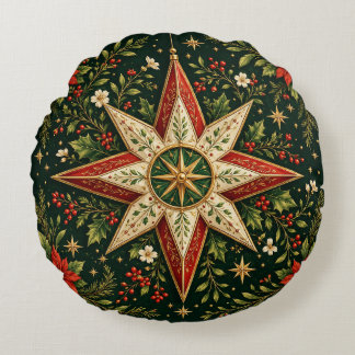 Vintage Christmas Star Ornament Poinsettia Holly Round Cushion