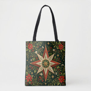 Vintage Christmas Star Ornament Poinsettia Holly Tote Bag
