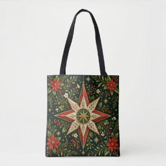 Vintage Christmas Star Ornament Poinsettia Holly Tote Bag
