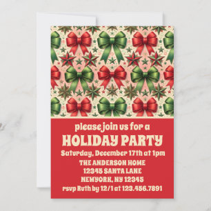 Vintage Christmas Stars and Bows Holiday Party Invitation