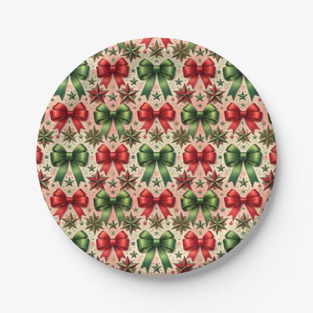 Vintage Christmas Stars and Bows Pattern  Paper Plate (Front)