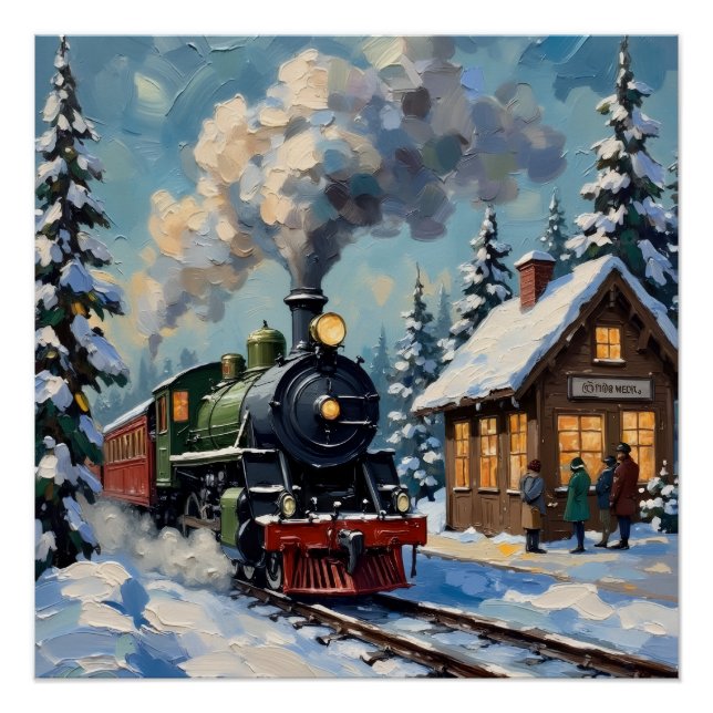 Vintage Christmas Steam Train at Snowy Station Poster (Front)