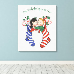Vintage Christmas Stockings with Cute Children Canvas Print