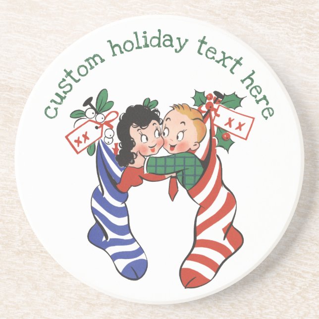 Vintage Christmas Stockings with Cute Children Coaster (Front)