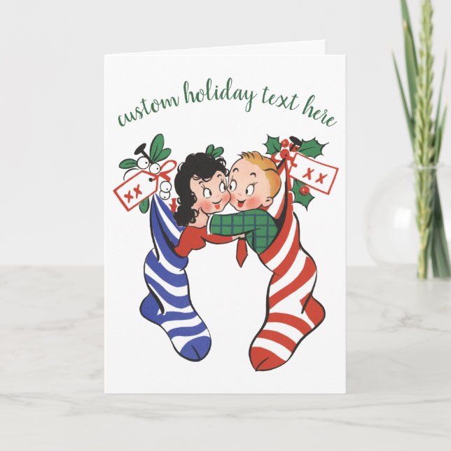 Vintage Christmas Stockings with Cute Children Holiday Card (Front)