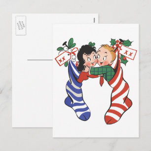 Vintage Christmas Stockings with Cute Children Holiday Postcard