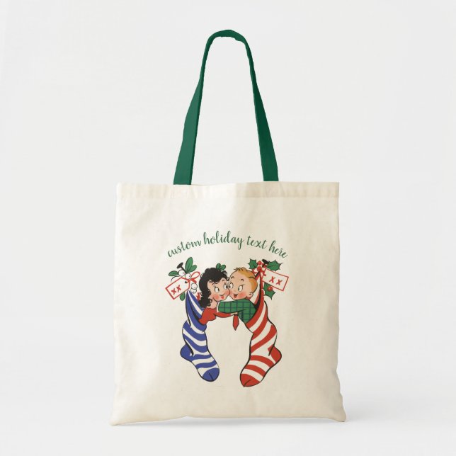 Vintage Christmas Stockings with Cute Children Tote Bag (Front)