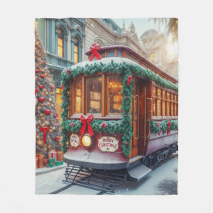 Vintage Christmas Streetcar in Snow Fleece Blanket