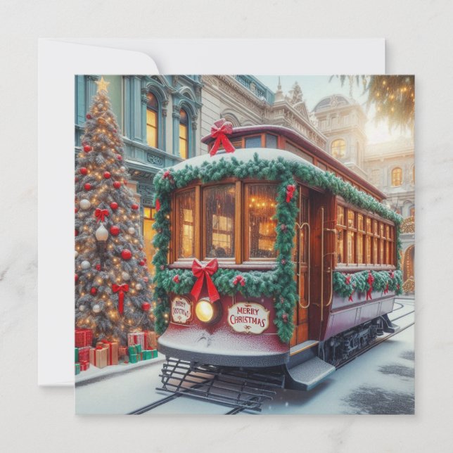 Vintage Christmas Streetcar in Snow Holiday Card (Front)