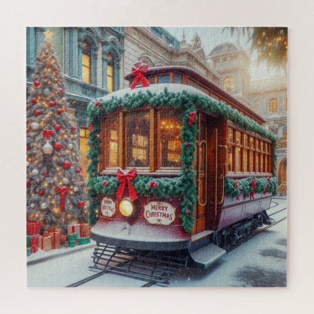 Vintage Christmas Streetcar in Snow Jigsaw Puzzle (Horizontal)
