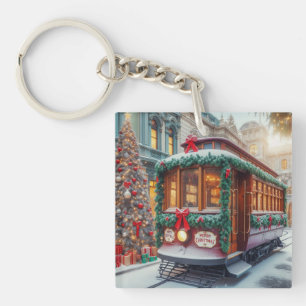 Vintage Christmas Streetcar in Snow Key Chain