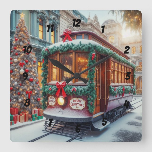 Vintage Christmas Streetcar in Snow Square Wall Clock (Front)
