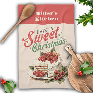 Vintage Christmas Sweet Cake Custom Name Tea Towel
