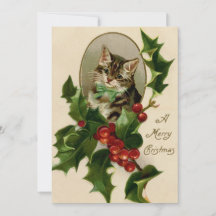 Vintage Christmas Tabby Kitten Holly and Berries