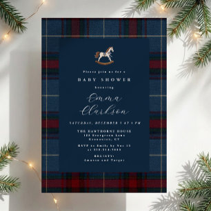 Vintage Christmas Tartan Rocking Horse Baby Shower Invitation