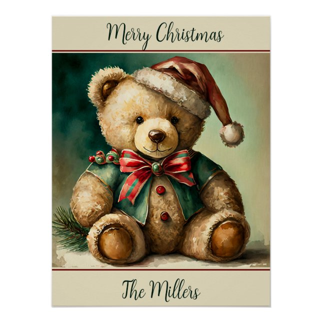 Vintage Christmas Teddy bear personalised Poster (Front)