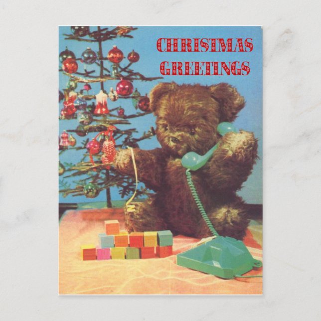 Vintage Christmas, Teddy on the telephone Holiday Postcard (Front)