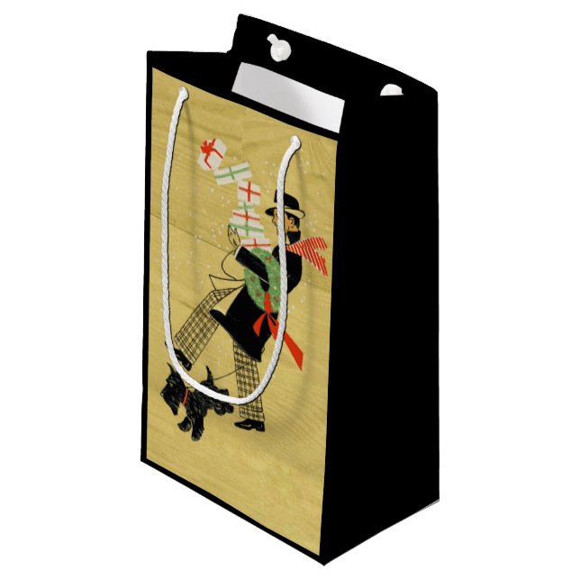 Vintage Christmas Terrier Dog Small Gift Bag (Front Angled)