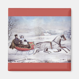 Vintage Christmas, The Road Winter, Sleigh Horse Magnet