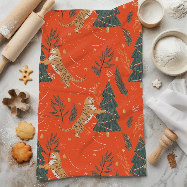 Vintage Christmas Tiger and Christmas Tree Tea Towel (Creator Uploaded)