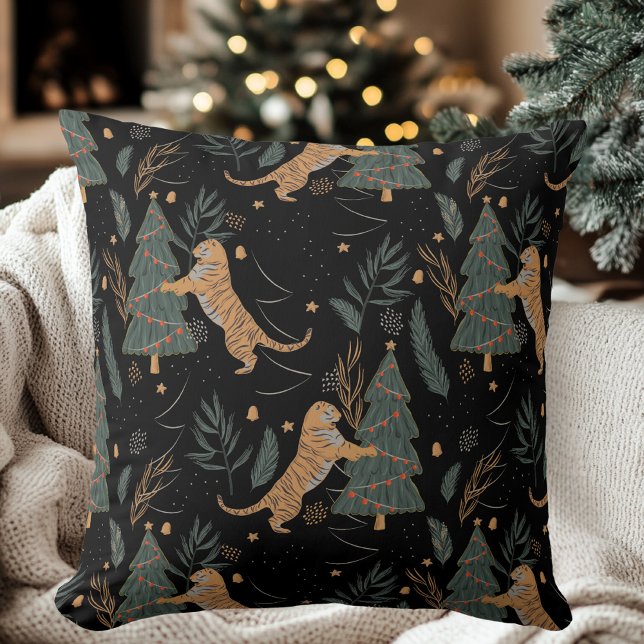 "Vintage Christmas Tiger with Christmas Tree Black Cushion (Creator Uploaded)