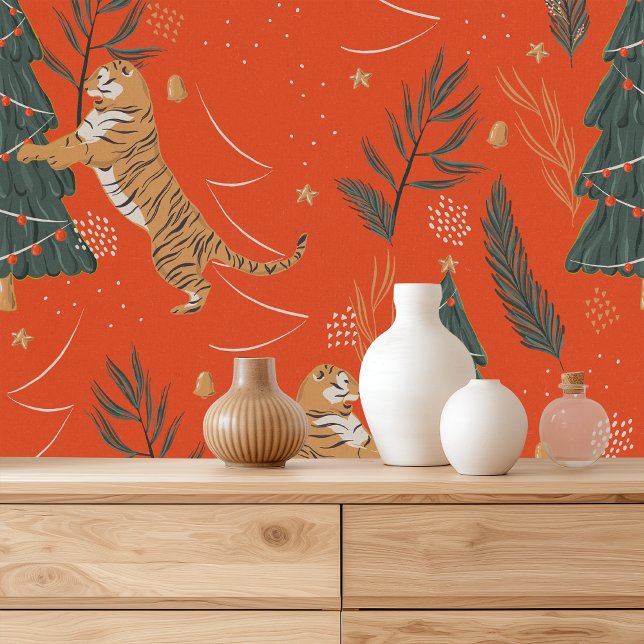 Vintage Christmas Tiger With Christmas Tree  Wallpaper (Creator Uploaded)