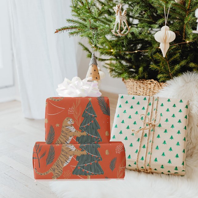 Vintage Christmas Tiger With Christmas Tree Wrapping Paper (Creator Uploaded)