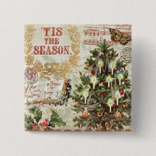 Vintage Christmas Tis the Season 15 Cm Square Badge