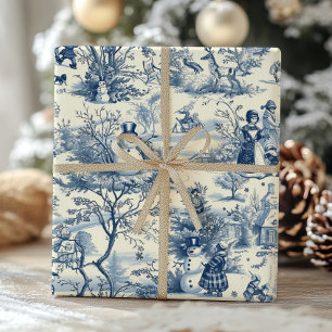 Vintage Christmas Toile Blue Victorian Holiday Wrapping Paper