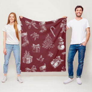 Vintage Christmas Toile Crimson Red White Holiday Fleece Blanket