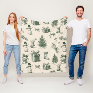 Vintage Christmas Toile Forest Green Cream Pattern Fleece Blanket
