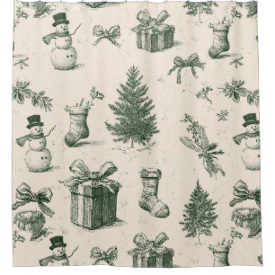 Vintage Christmas Toile Forest Green Cream Pattern Shower Curtain