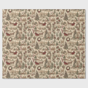 Vintage Christmas Toile Gift Wrap Deer & Sleigh