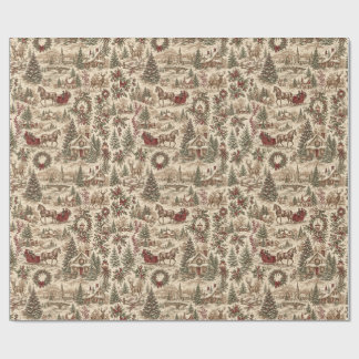 Vintage Christmas Toile Gift Wrap | Deer & Sleigh