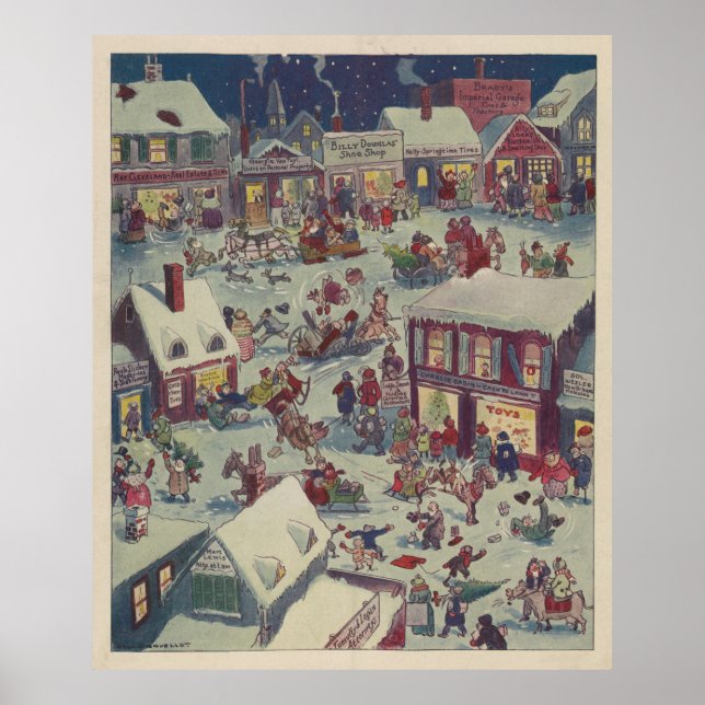 Vintage Christmas Town Folk Illustration (1918) Poster (Front)