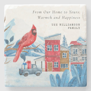 VINTAGE CHRISTMAS TOWN RED CARDINAL PERSONALIZED  STONE COASTER