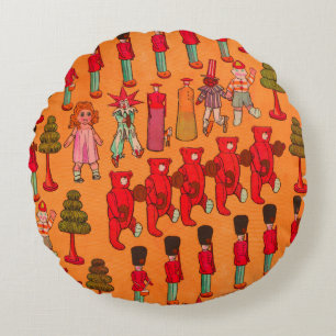 Vintage Christmas Toy Parade 1907 Puck Magazine Round Cushion