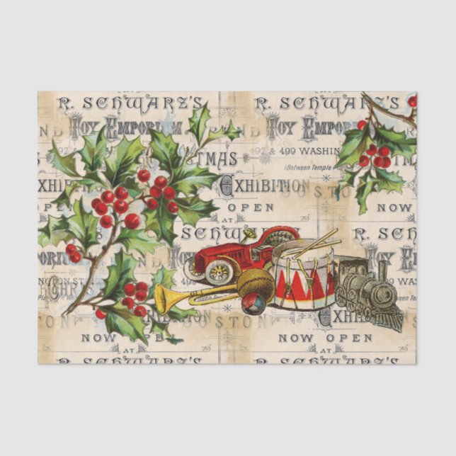 Vintage Christmas Toys and Holly Tissue Paper (Front)