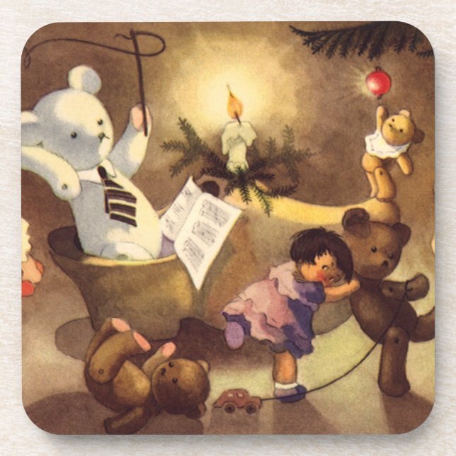 Vintage Christmas Toys, Dancing Dolls, Teddy Bears Coaster (Front)