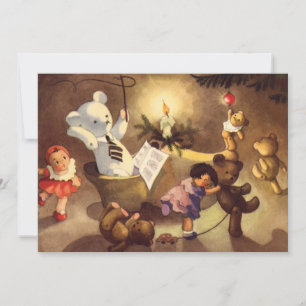 Vintage Christmas Toys, Dancing Dolls, Teddy Bears Holiday Card