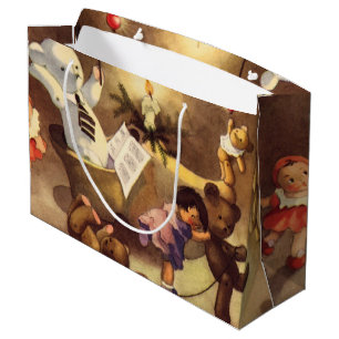 Vintage Christmas Toys, Dancing Dolls, Teddy Bears Large Gift Bag