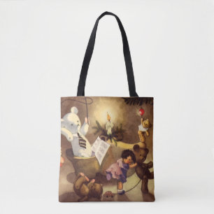 Vintage Christmas Toys, Dancing Dolls, Teddy Bears Tote Bag