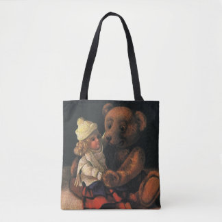 Vintage Christmas Toys, Doll and a Teddy Bear Tote Bag