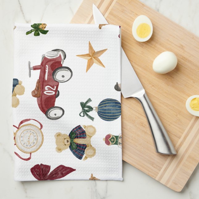 Vintage Christmas Toys Pattern  Tea Towel (Quarter Fold)