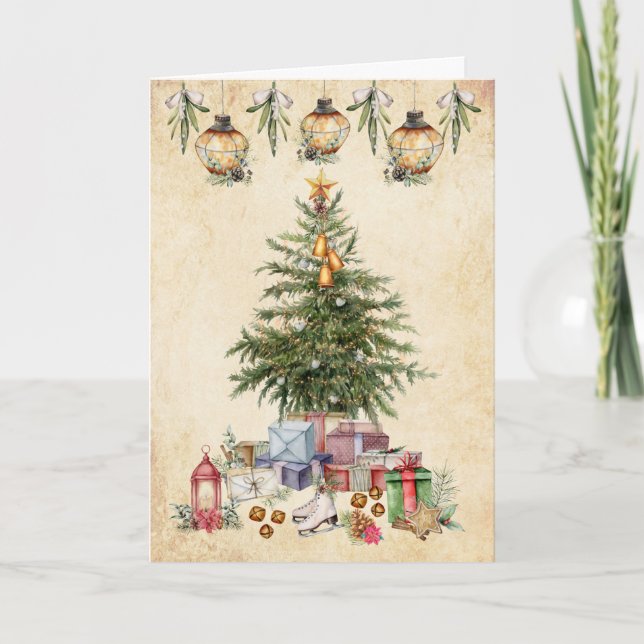 Vintage Christmas Traditions Tree and Gifts Holiday Card (Front)