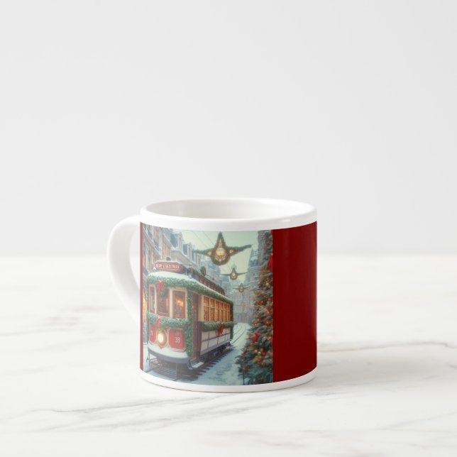 Vintage Christmas Tram in Snowy Town Espresso Cup (Front Left)